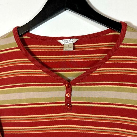 Y2K Red Olive Green Striped T-shirt Vintage Button Small Short Sleeve Top - Picture 2 of 8